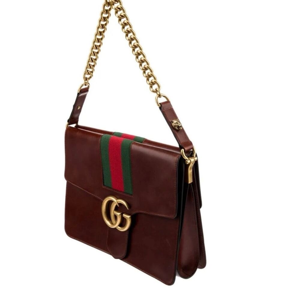 Gucci GG Marmont Web Shoulder Bag Brown Leather Gold Chain Crossbody Designer - Picture 14 of 17